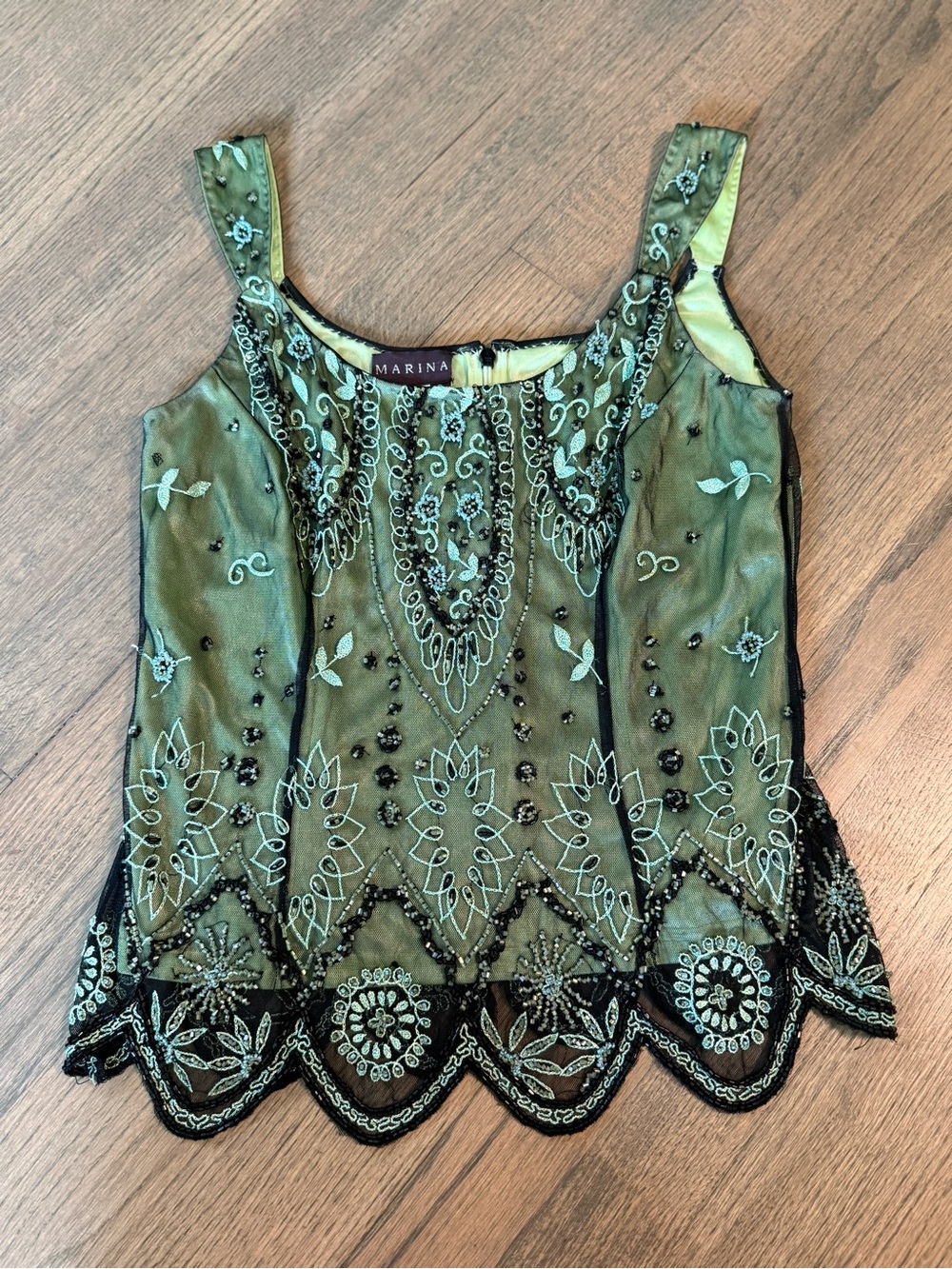 Marina Elegant Sage Green Beaded Top Size Small
